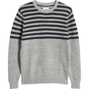 The Normal Brand Cotton Pique Stitch Crewneck Sweater Grey Navy Stripe Mens M